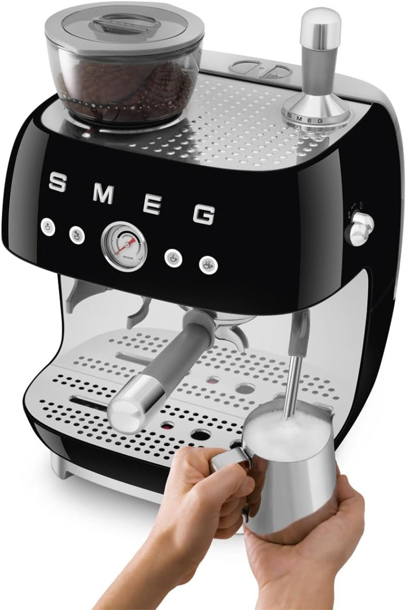 Smeg EGF03BLUK Retro Espresso Coffee Machine with Grinder & 20 Bar Pump, Black