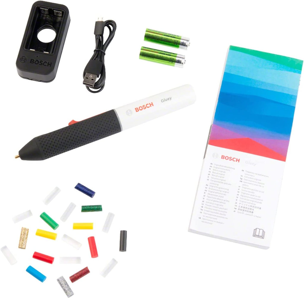 Bosch Home and Garden Cordless Hot Glue Pen Gluey (Smoky Grey, 2 batteries, with 20 hot glue sticks, USB charger and cable, in carton packaging)