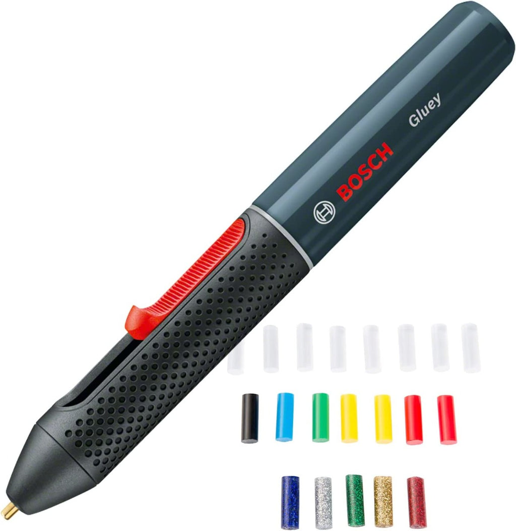 Bosch Home and Garden Cordless Hot Glue Pen Gluey (Smoky Grey, 2 batteries, with 20 hot glue sticks, USB charger and cable, in carton packaging)