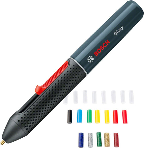 Bosch Home and Garden Cordless Hot Glue Pen Gluey (Smoky Grey, 2 batteries, with 20 hot glue sticks, USB charger and cable, in carton packaging)