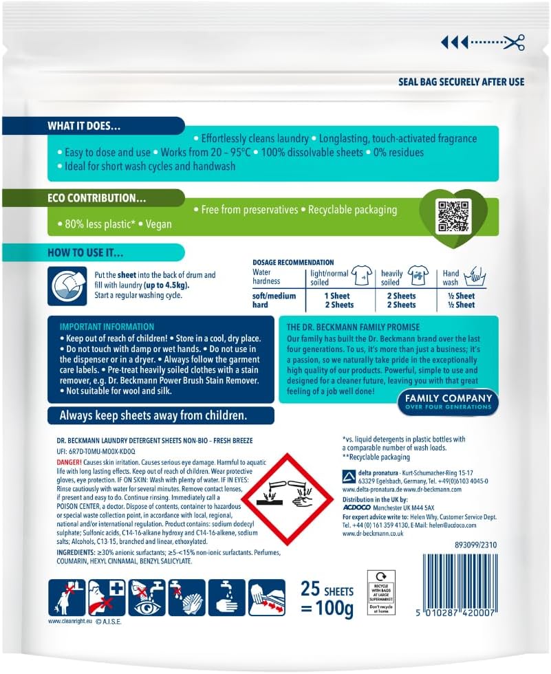 Dr. Beckmann Original Magic Leaves Laundry Detergent Sheets Non Bio Intense Fresh 25 Washes 100g