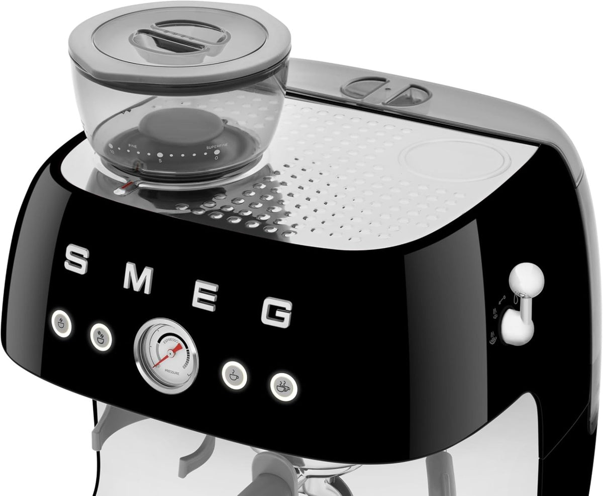 Smeg EGF03BLUK Retro Espresso Coffee Machine with Grinder & 20 Bar Pump, Black